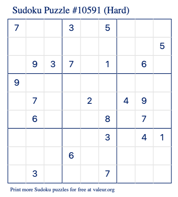 Free Printable Hard Sudoku Puzzle number 10591