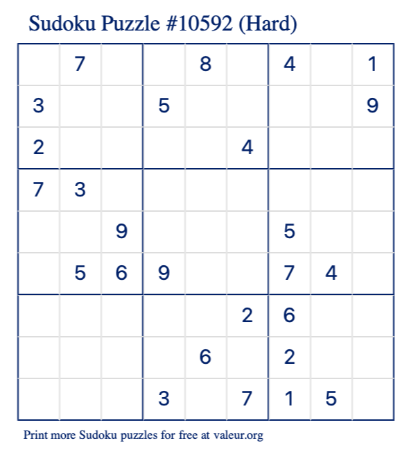 Free Printable Hard Sudoku Puzzle number 10592