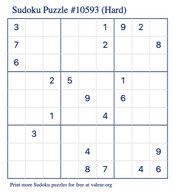 Free Printable Hard Sudoku Puzzle number 10593