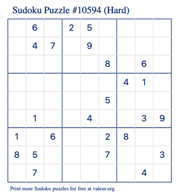 Free Printable Hard Sudoku Puzzle number 10594