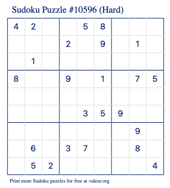 Free Printable Hard Sudoku Puzzle number 10596