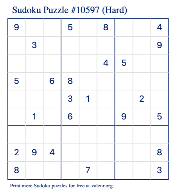 Free Printable Hard Sudoku Puzzle number 10597
