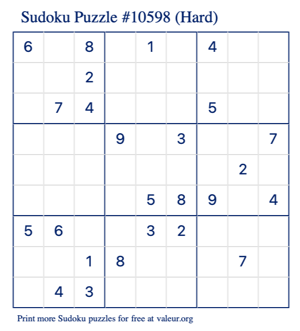 Free Printable Hard Sudoku Puzzle number 10598