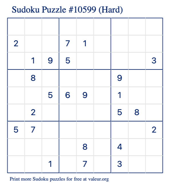 Free Printable Hard Sudoku Puzzle number 10599