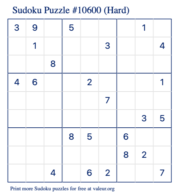 Free Printable Hard Sudoku Puzzle number 10600