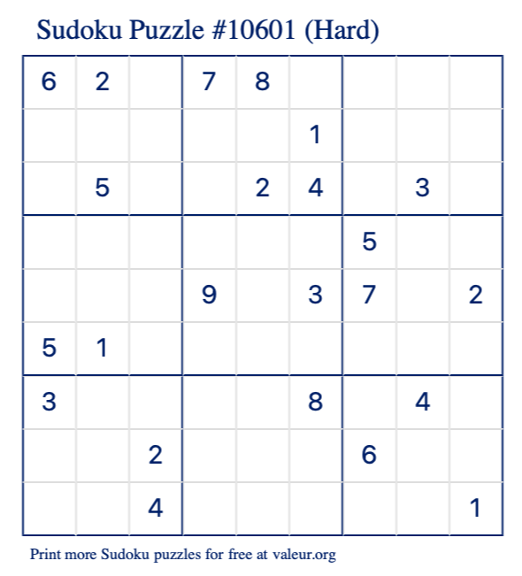 Free Printable Hard Sudoku Puzzle number 10601