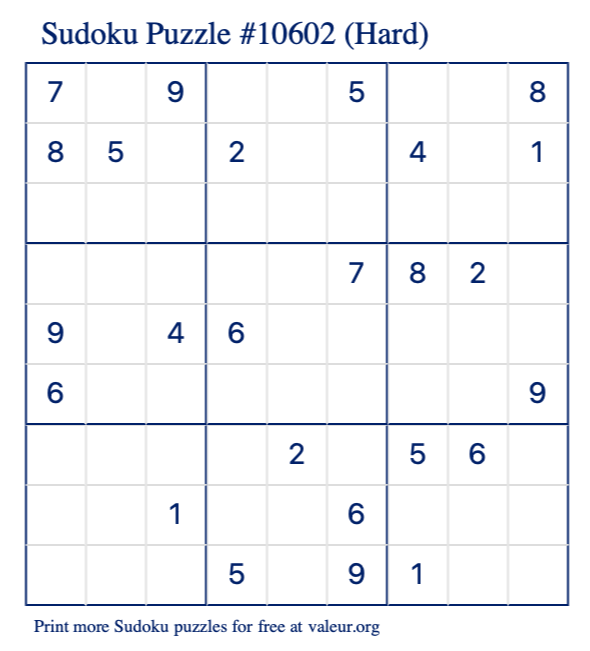 Free Printable Hard Sudoku Puzzle number 10602
