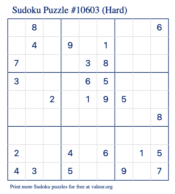 Free Printable Hard Sudoku Puzzle number 10603