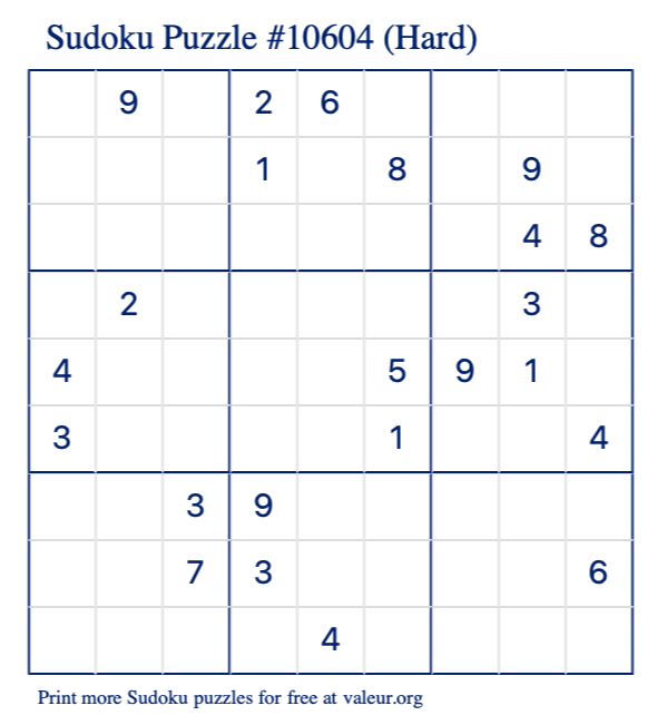 Free Printable Hard Sudoku Puzzle number 10604