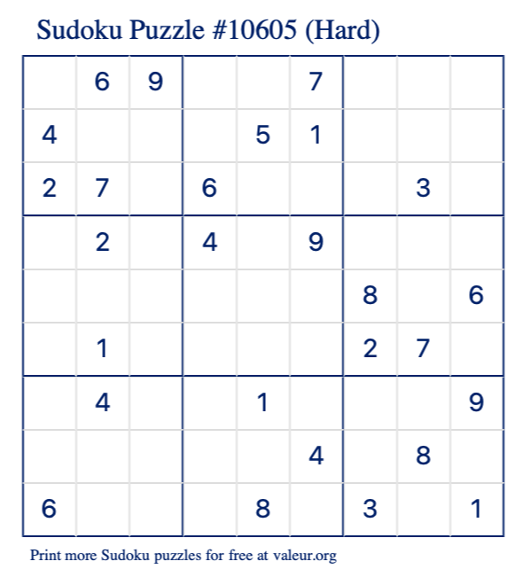 Free Printable Hard Sudoku Puzzle number 10605