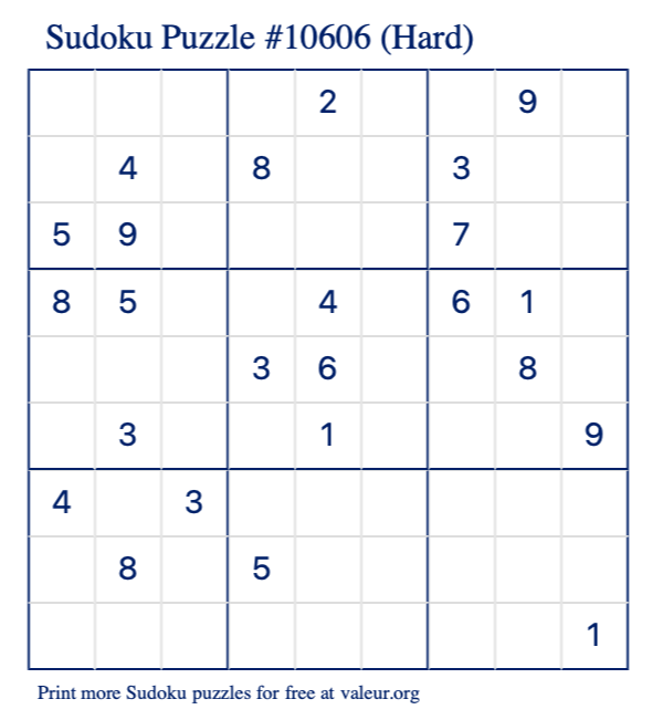 Free Printable Hard Sudoku Puzzle number 10606