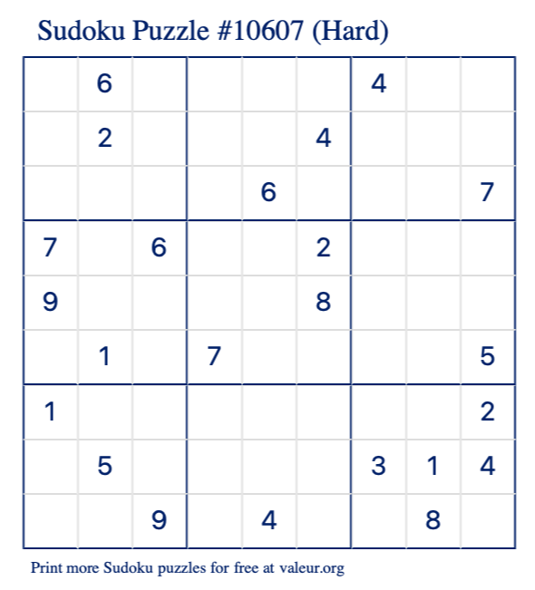 Free Printable Hard Sudoku Puzzle number 10607