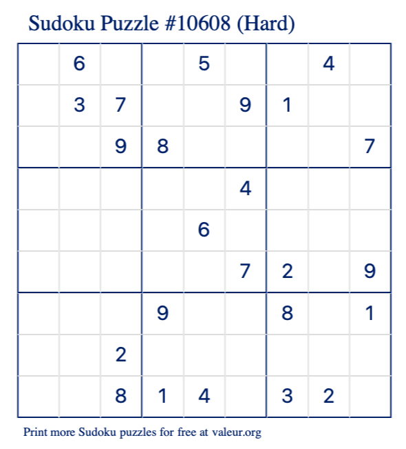 Free Printable Hard Sudoku Puzzle number 10608
