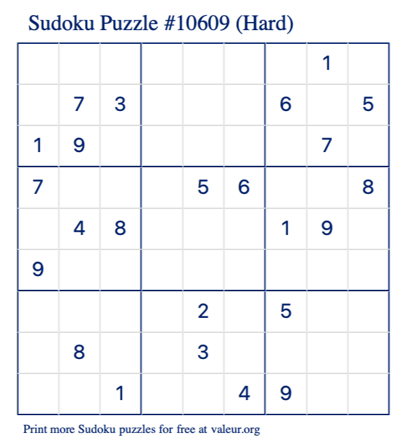 Free Printable Hard Sudoku Puzzle number 10609