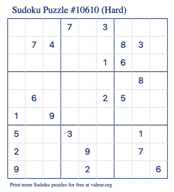 Free Printable Hard Sudoku Puzzle number 10610