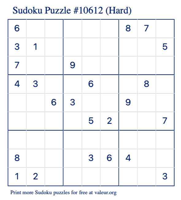 Free Printable Hard Sudoku Puzzle number 10612