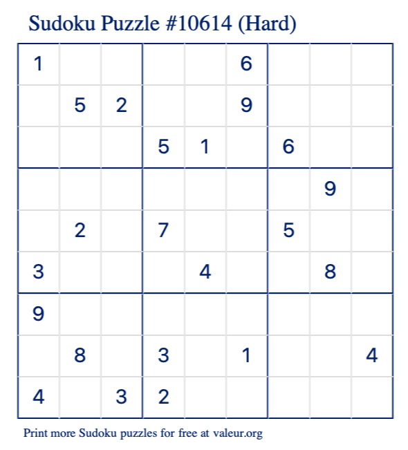 Free Printable Hard Sudoku Puzzle number 10614