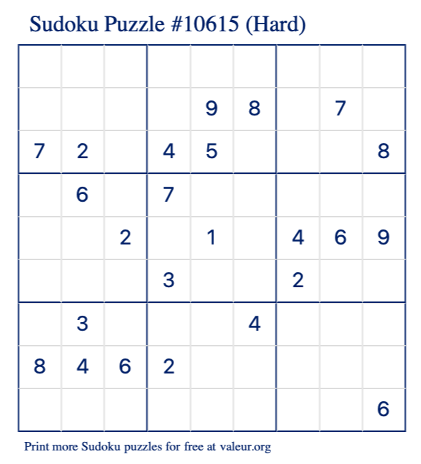Free Printable Hard Sudoku Puzzle number 10615