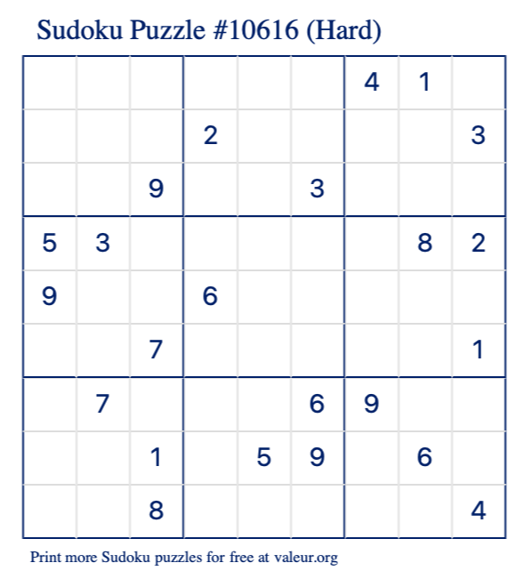 Free Printable Hard Sudoku Puzzle number 10616