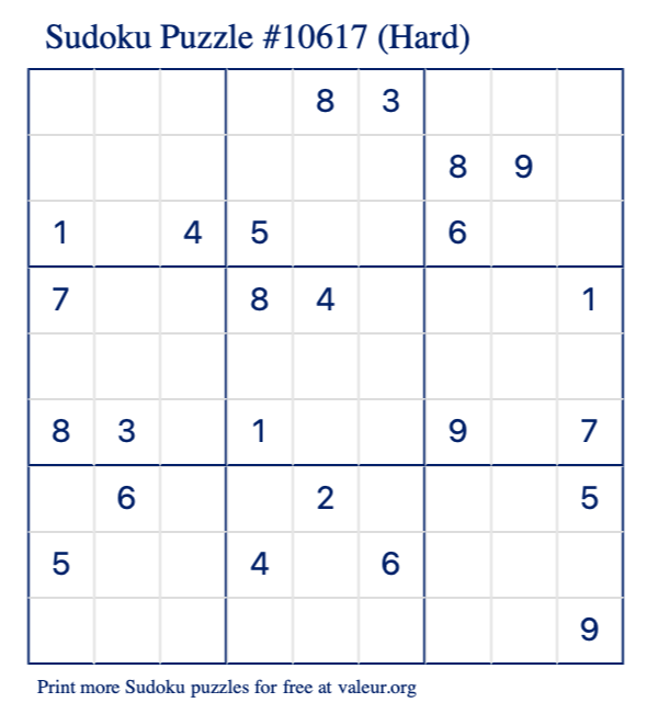 Free Printable Hard Sudoku Puzzle number 10617
