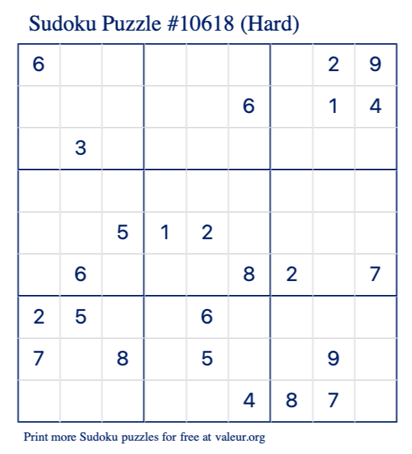 Free Printable Hard Sudoku Puzzle number 10618
