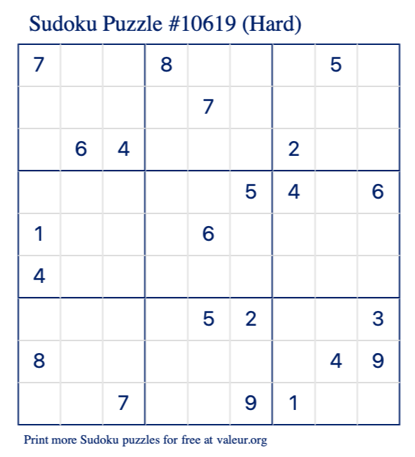 Free Printable Hard Sudoku Puzzle number 10619
