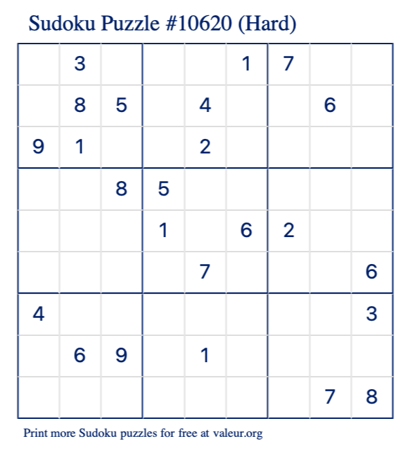 Free Printable Hard Sudoku Puzzle number 10620