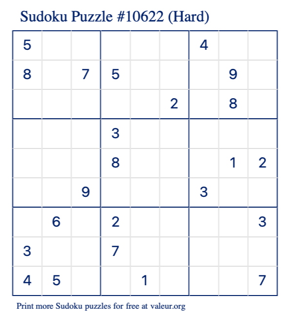 Free Printable Hard Sudoku Puzzle number 10622