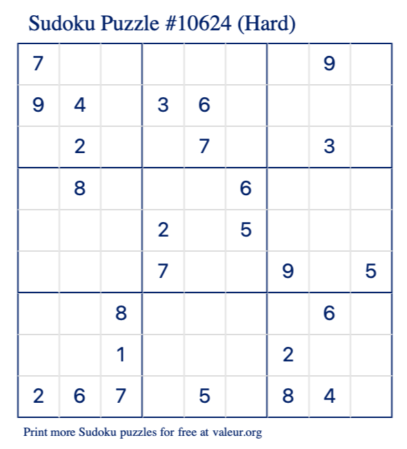 Free Printable Hard Sudoku Puzzle number 10624