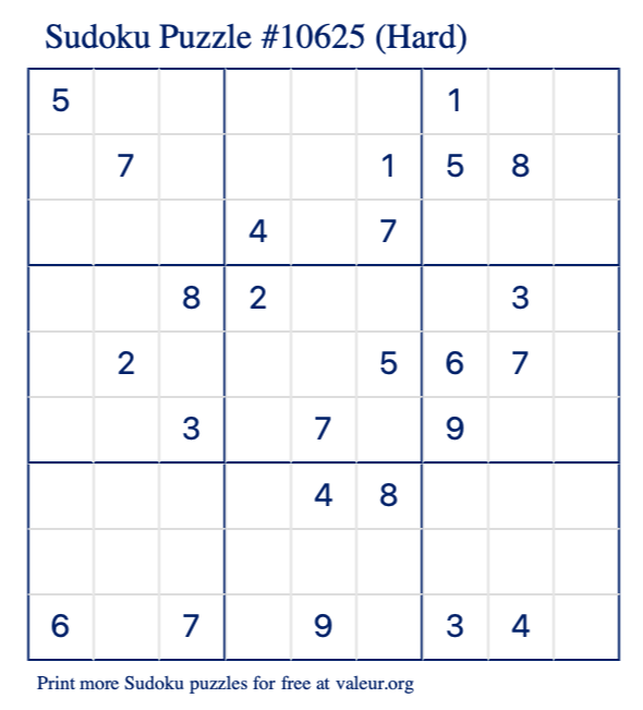 Free Printable Hard Sudoku Puzzle number 10625