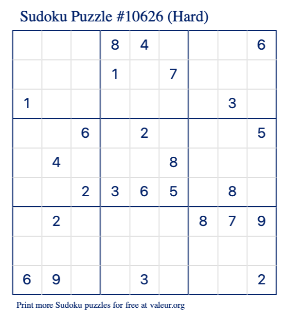 Free Printable Hard Sudoku Puzzle number 10626