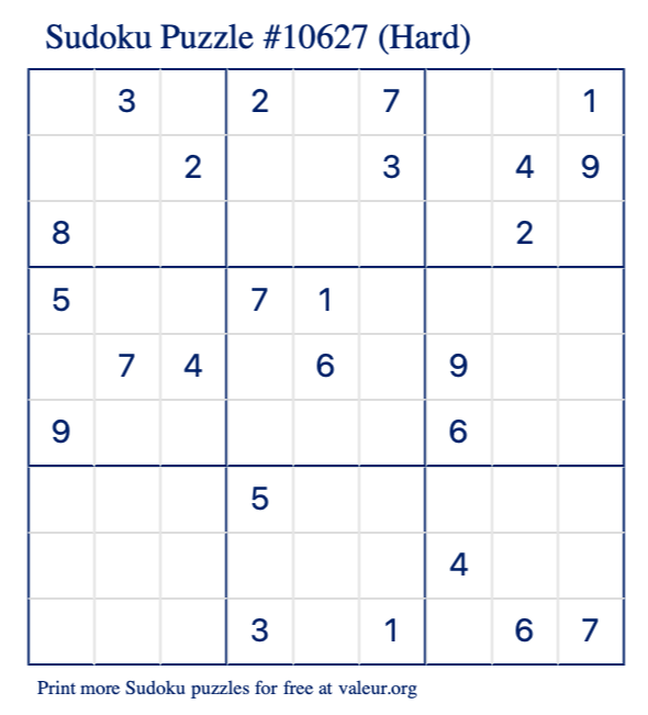 Free Printable Hard Sudoku Puzzle number 10627