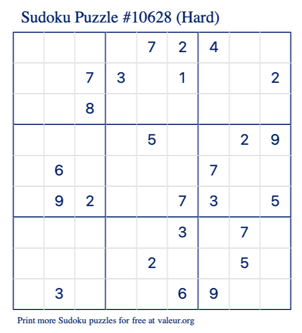 Free Printable Hard Sudoku Puzzle number 10628