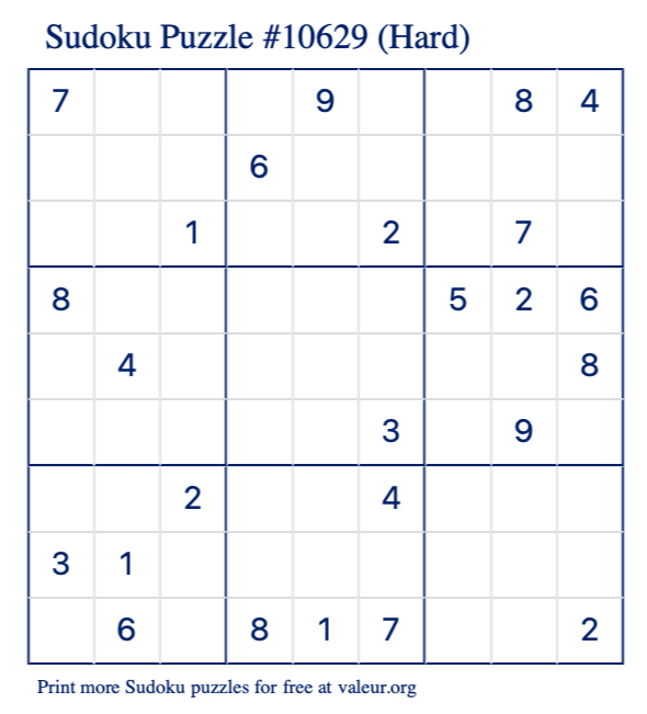 Free Printable Hard Sudoku Puzzle number 10629