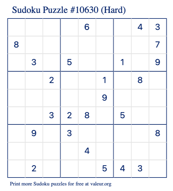 Free Printable Hard Sudoku Puzzle number 10630