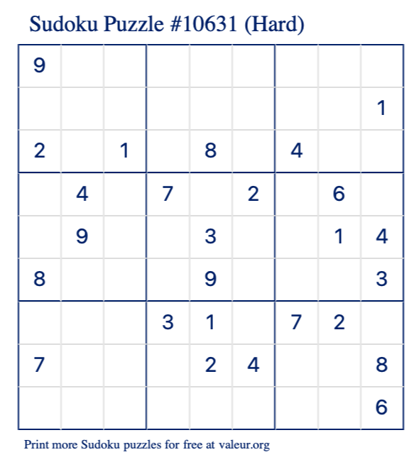 Free Printable Hard Sudoku Puzzle number 10631