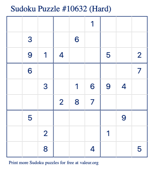 Free Printable Hard Sudoku Puzzle number 10632