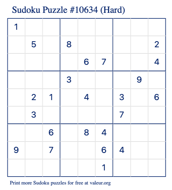 Free Printable Hard Sudoku Puzzle number 10634