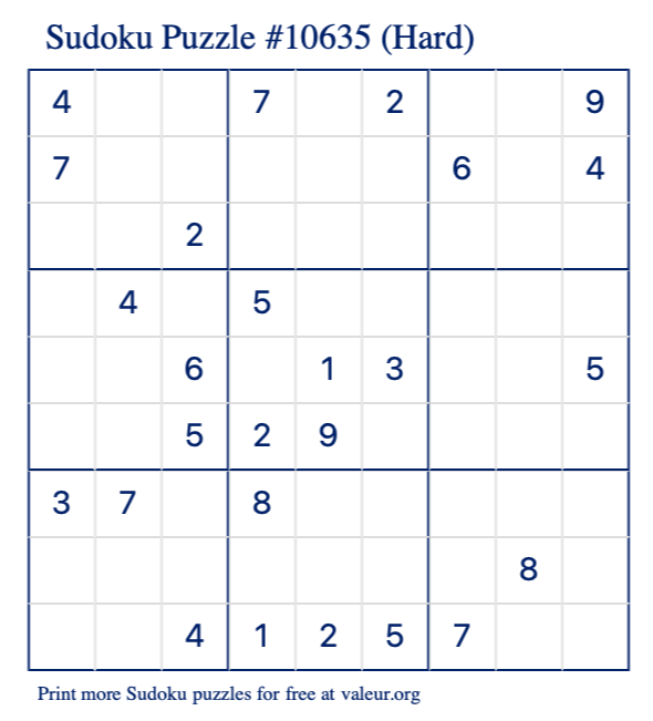 Free Printable Hard Sudoku Puzzle number 10635