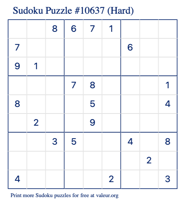 Free Printable Hard Sudoku Puzzle number 10637