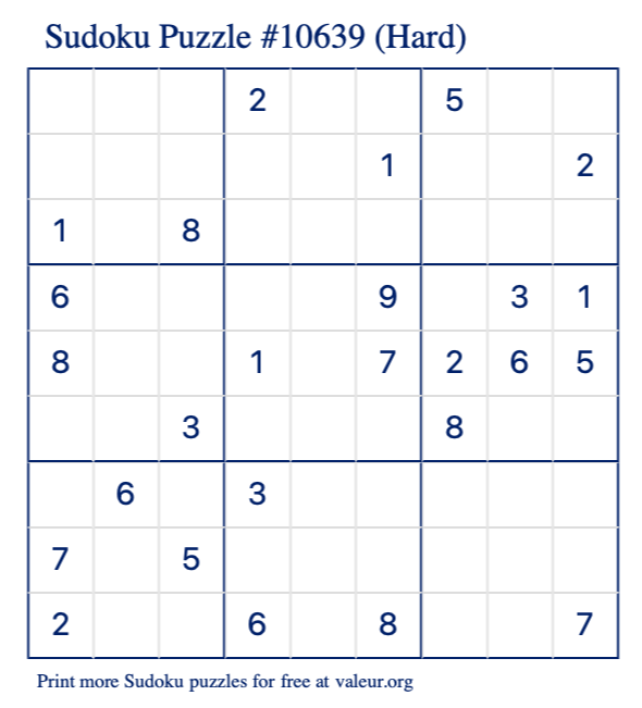Free Printable Hard Sudoku Puzzle number 10639