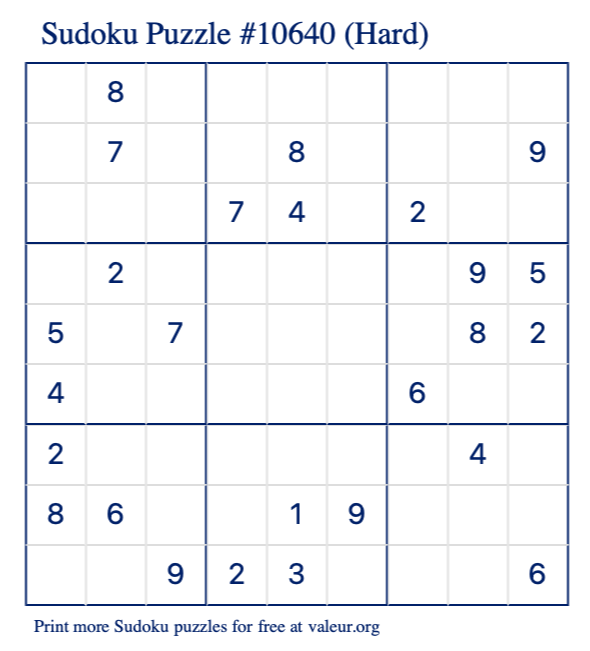 Free Printable Hard Sudoku Puzzle number 10640