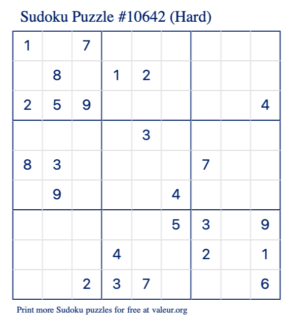 Free Printable Hard Sudoku Puzzle number 10642