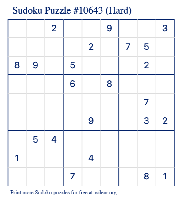 Free Printable Hard Sudoku Puzzle number 10643