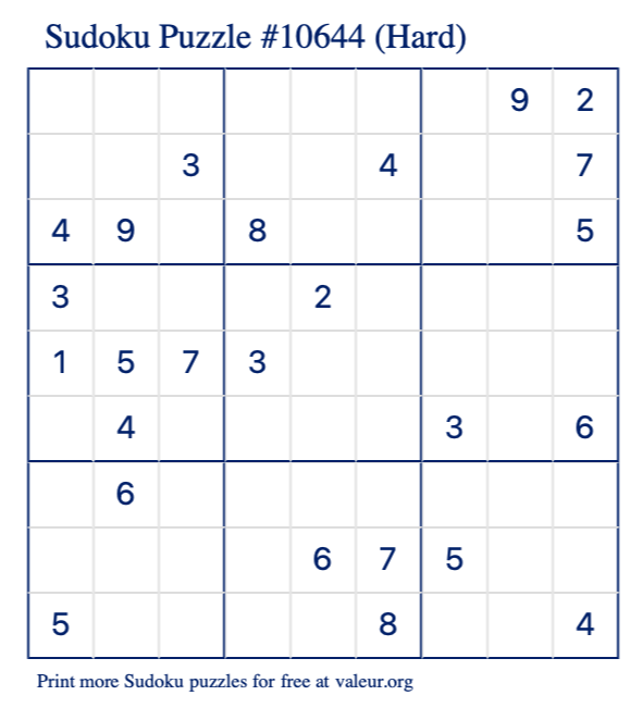 Free Printable Hard Sudoku Puzzle number 10644