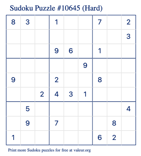 Free Printable Hard Sudoku Puzzle number 10645