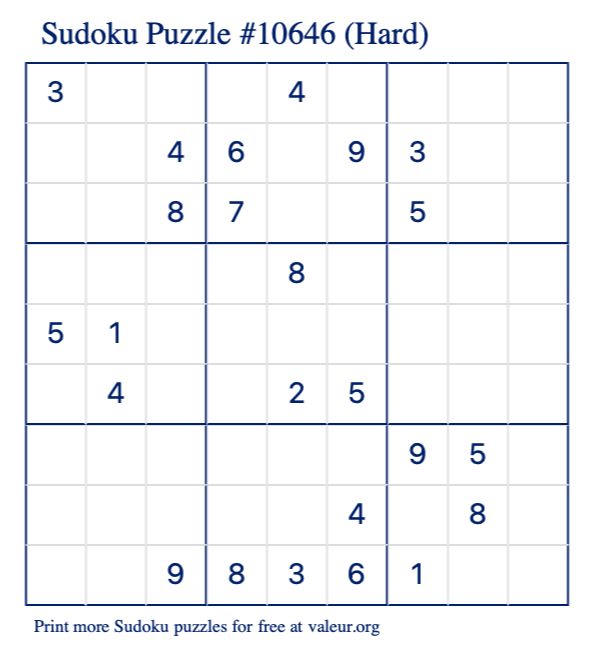 Free Printable Hard Sudoku Puzzle number 10646