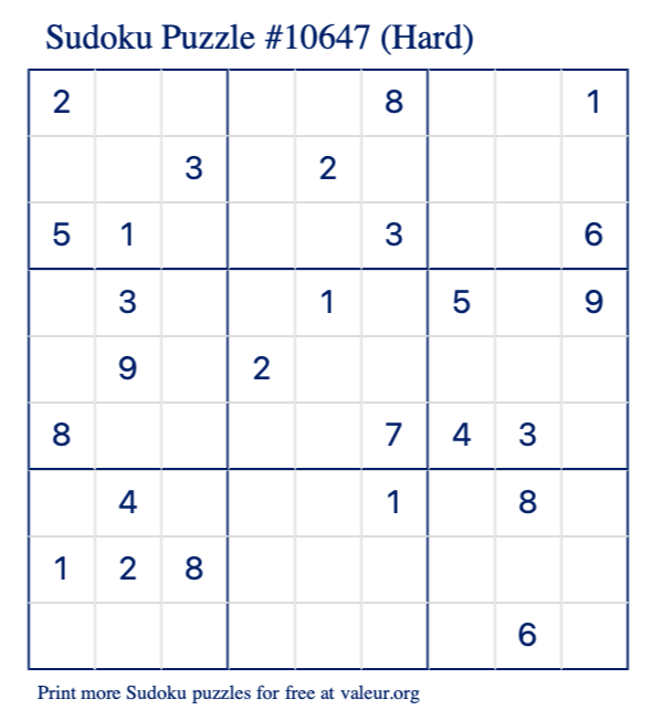 Free Printable Hard Sudoku Puzzle number 10647