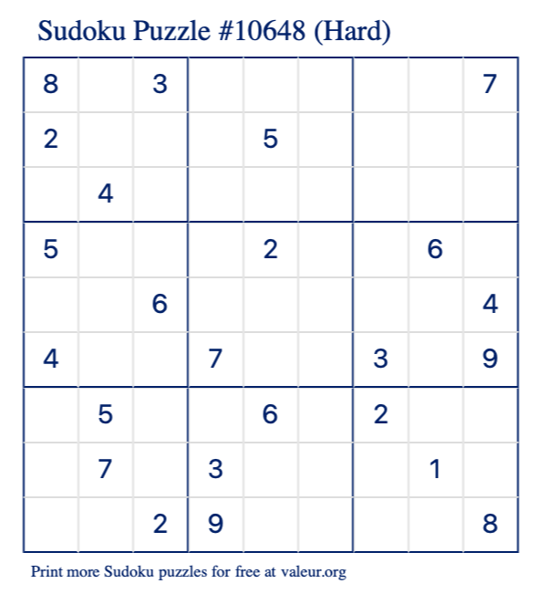 Free Printable Hard Sudoku Puzzle number 10648