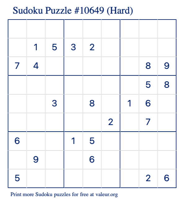 Free Printable Hard Sudoku Puzzle number 10649